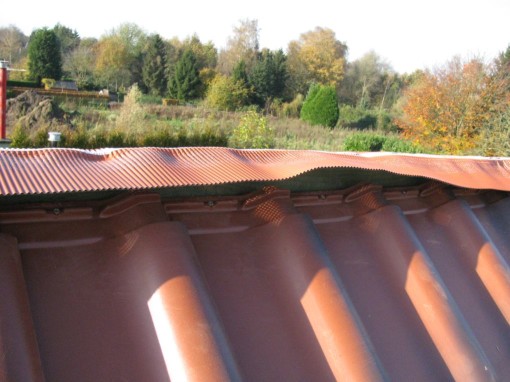 Eenmaal op beide dakvlakken de bovenste twee rijen pannen er liggen, kan de nok gelegd worden.  Eerst wordt aluminium eterrol op de nokplank genageld.